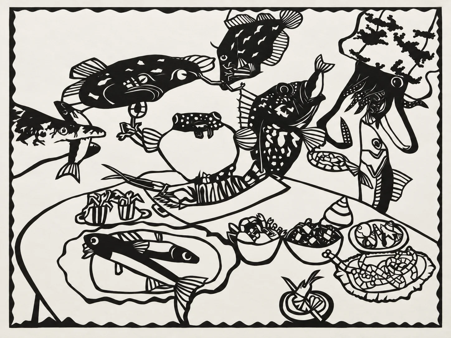 魚と食卓を描いた切り絵
